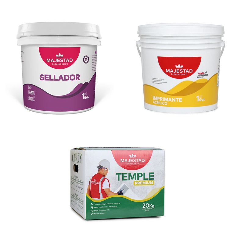 MAJESTAD - Imprimante Acrílico Majestad 1gl + Sellador Majestad 1gl + Temple fino Majestad 20 kg caja