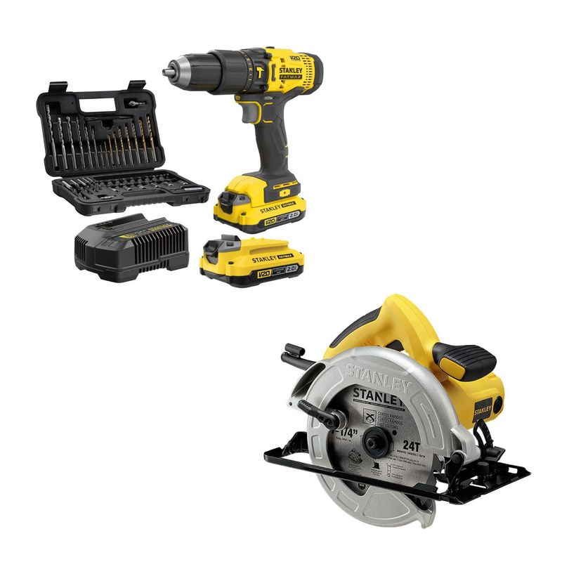 STANLEY - Kit Taladro Percutor 20V Stanley con 2 Baterías + Cargador + Set de 50Pz + Sierra Circular Eléctrica Stanley 7-1/4" 1600 W SC16 