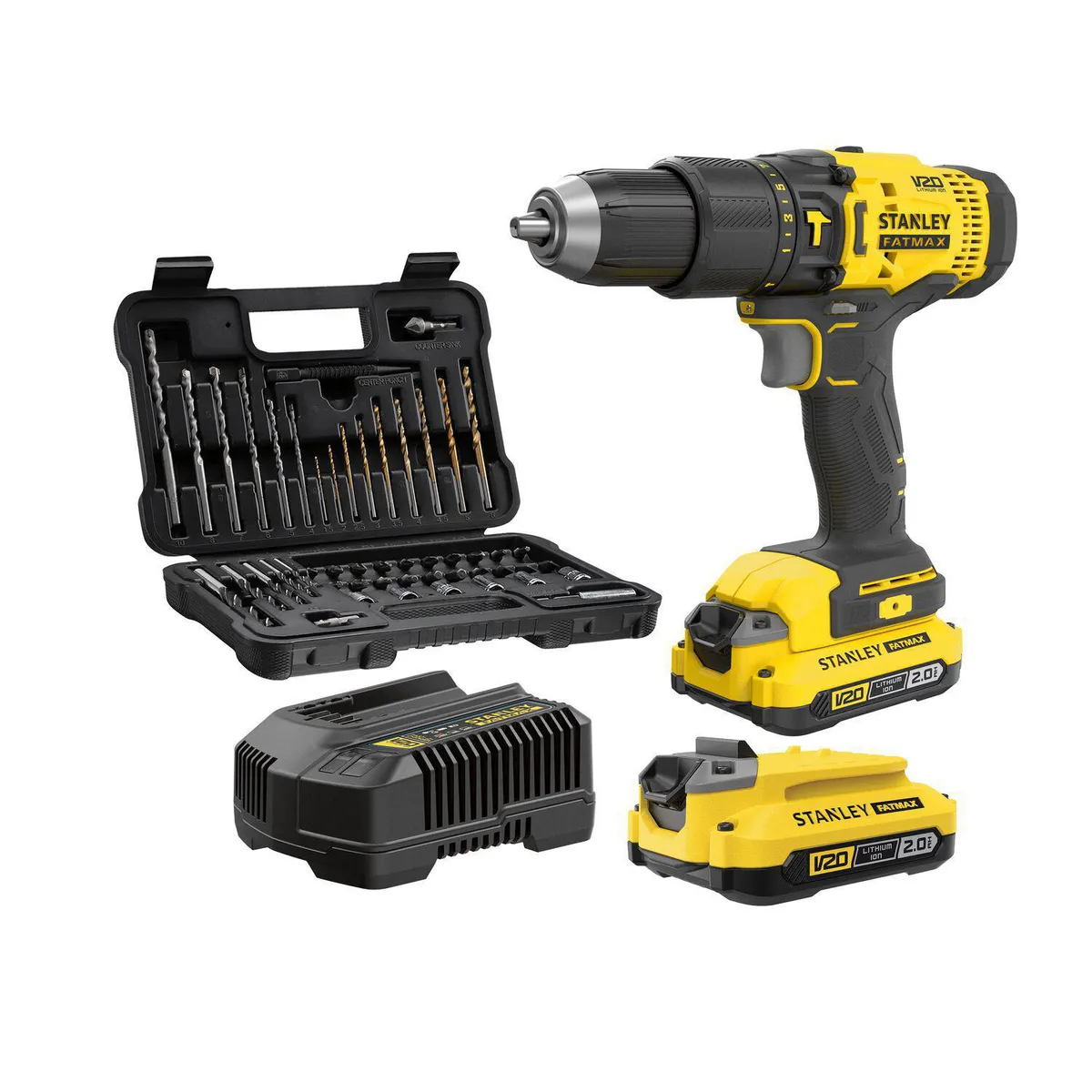 STANLEY - Kit Taladro Percutor 20V Stanley con 2 Baterías + Cargador + Set de 50Pz