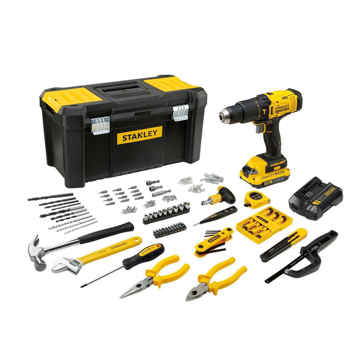 STANLEY - Kit Taladro Percutor Stanley 20V + 1 Batería 1.5Ah + Cargador + Caja de Herramientas + 119Pz