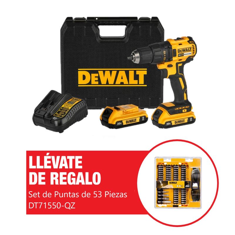 DEWALT - 1 Taladro Atornillador Dewalt + 2 Baterías + 1 Cargador + Set 53 Pz + 1 Maleta