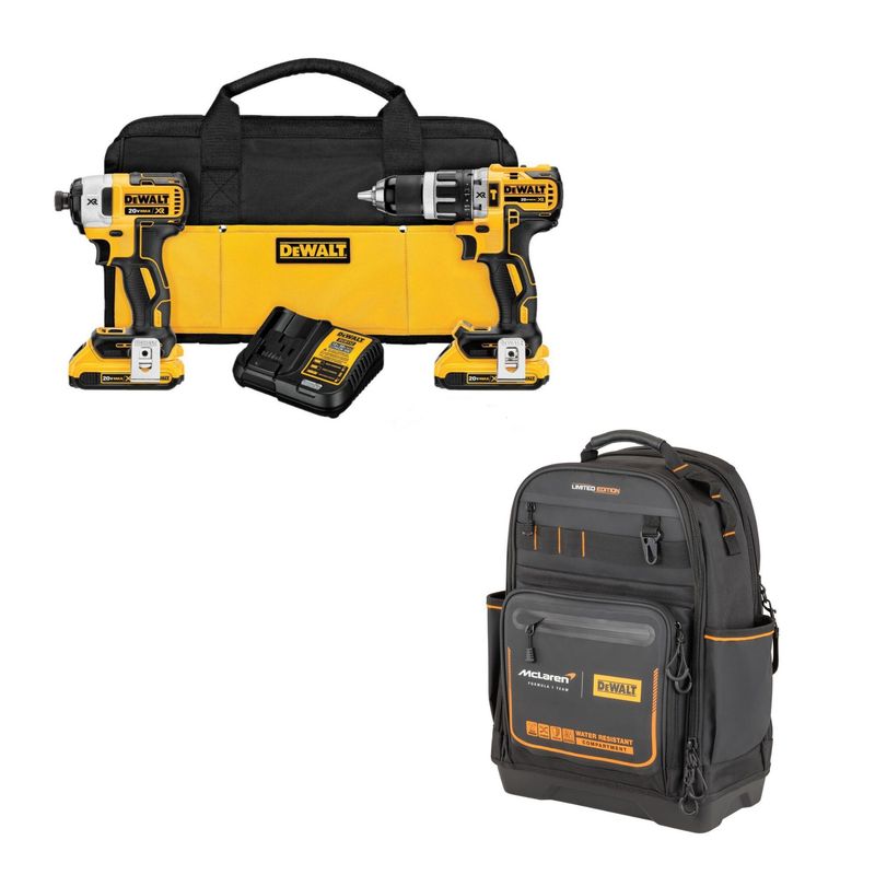 DEWALT - 01 Taladro Percutor Inalámbrico Dewalt 1/2" 20V + 01 Atornillador de Impacto Inalámbrico Dewalt  1/4" 20V + 02 Baterías 2.0Ah + Regalo 01 Batería 4.0Ah + 01 Cargador 12/20V + Bolso + Mochila Mclaren F1 Team Pro Dewalt