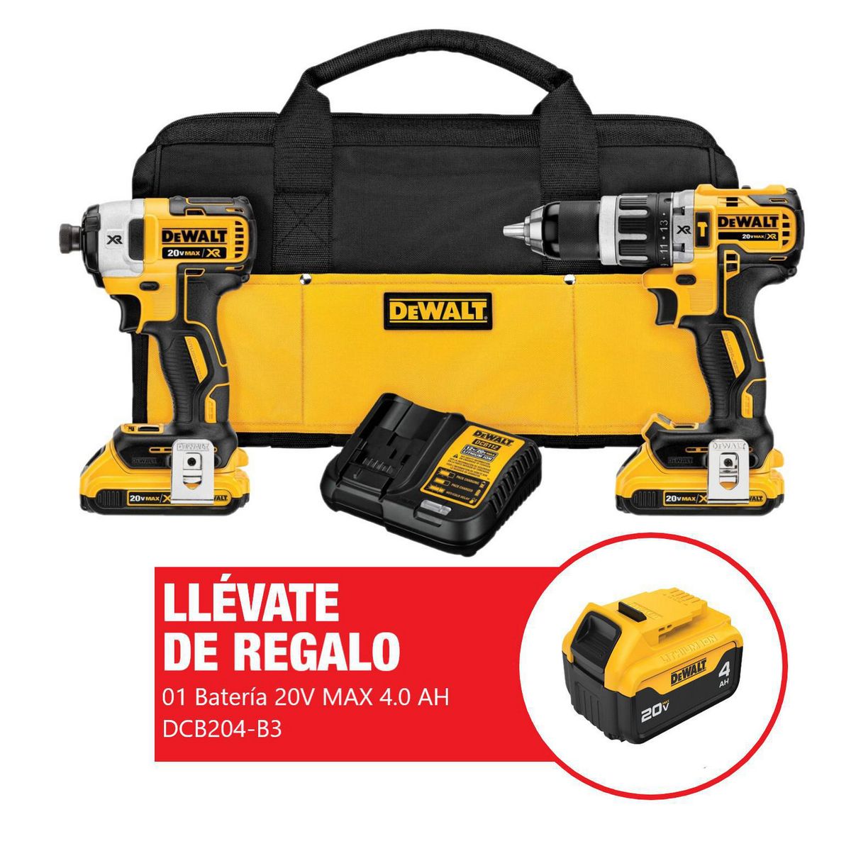 DEWALT - 01 Taladro Percutor Inalámbrico Dewalt 1/2" 20V + 01 Atornillador de Impacto Inalámbrico Dewalt 1/4" 20V + 02 Baterías 2.0Ah + Regalo 01 Batería 4.0Ah + 01 Cargador 12/20V + Bolso