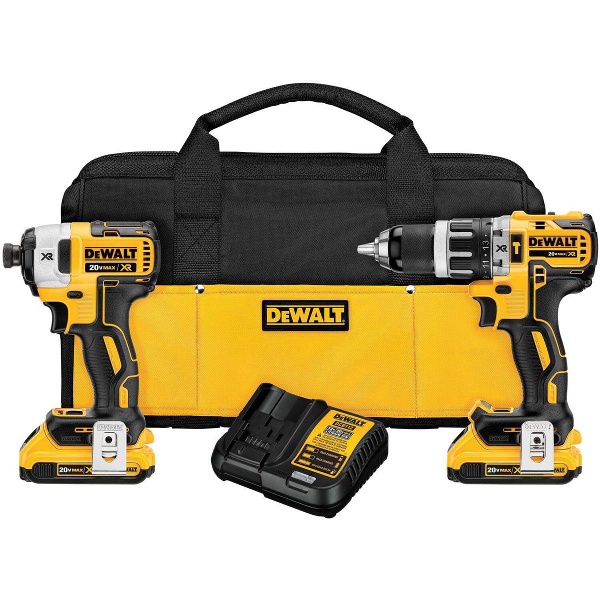 DEWALT - 01 Taladro Percutor Inalámbrico Dewalt 1/2" 20V + 01 Atornillador de Impacto Inalámbrico Dewalt 1/4" 20V + 02 Baterías 2.0Ah + Regalo 01 Batería 4.0Ah + 01 Cargador 12/20V + Bolso