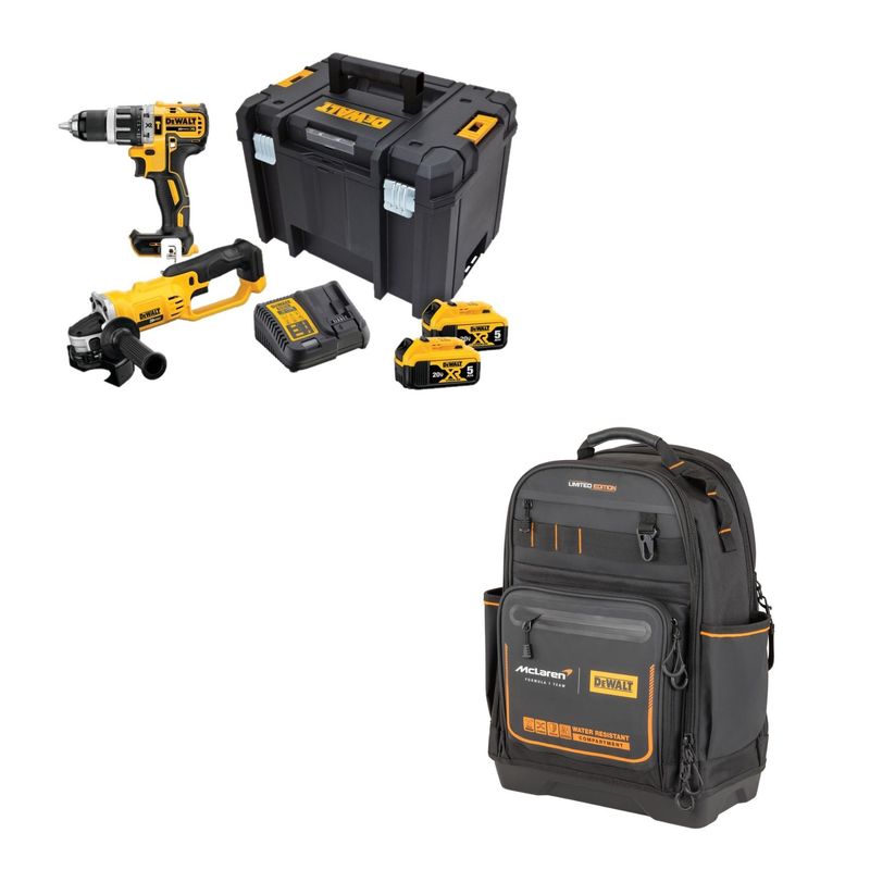 DEWALT - 01 Taladro Percutor Inalámbrico Dewalt 1/2" + 01 Esmeril Dewalt 4-1/2" Inalámbrico + Regalo 01 Batería 4.0Ah 20V + Mochila Mclaren F1 Team Pro Dewalt