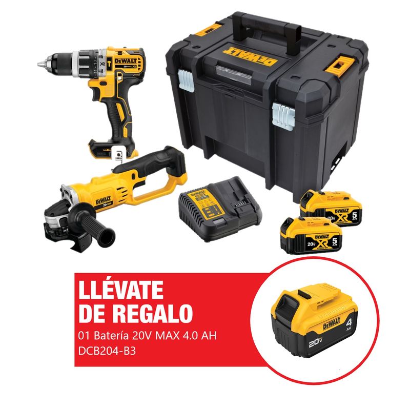 DEWALT - 01 Taladro Percutor Inalámbrico Dewalt 1/2" + 01 Esmeril Dewalt 4-1/2" Inalámbrico + Regalo 01 Batería 4.0Ah 20V
