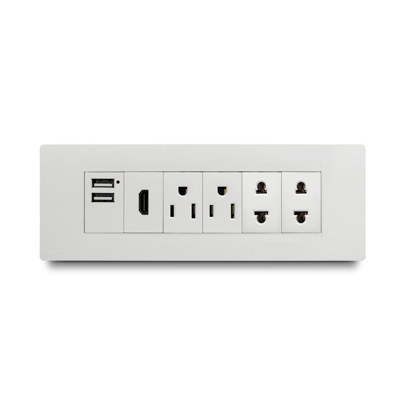 VETO - Placa 6H + Bastidor + Cajetin Plastico (1 Hdmi, 2 Toma Amer, 2 Toma Univ, 1 Usb)