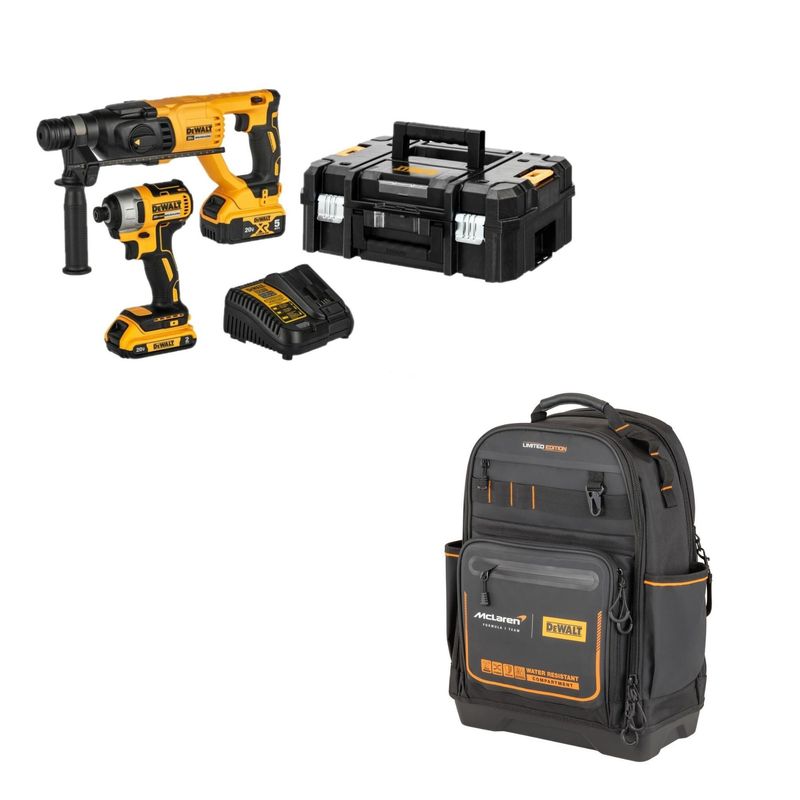 DEWALT - 01 Rotomartillo Inalámbrico Dewalt Sds Plus 20V + 01 Atornillador de Impacto Inalámbrico 1/4" 20V + Regalo 01 Batería 4.0Ah 20V + Mochila Mclaren F1 Team Pro Dewalt