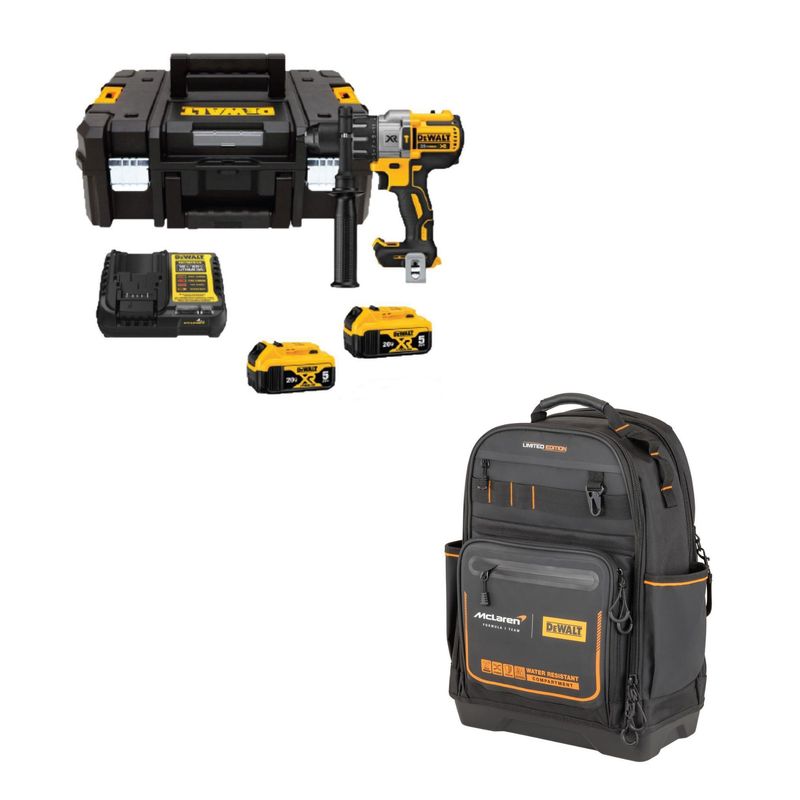 DEWALT - 01 Taladro Percutor Dewalt  + 02 Baterías 5.0 Ah + Regalo 01 Batería 4.0 Ah + 01 Cargador + 01 Mango Lateral 360° + Mochila Mclaren F1 Team Pro Dewalt