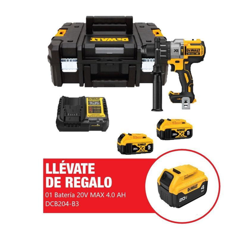 DEWALT - 01 Taladro Percutor Dewalt  + 02 Baterías 5.0 Ah + Regalo 01 Batería 4.0 Ah + 01 Cargador + 01 Mango Lateral 360°
