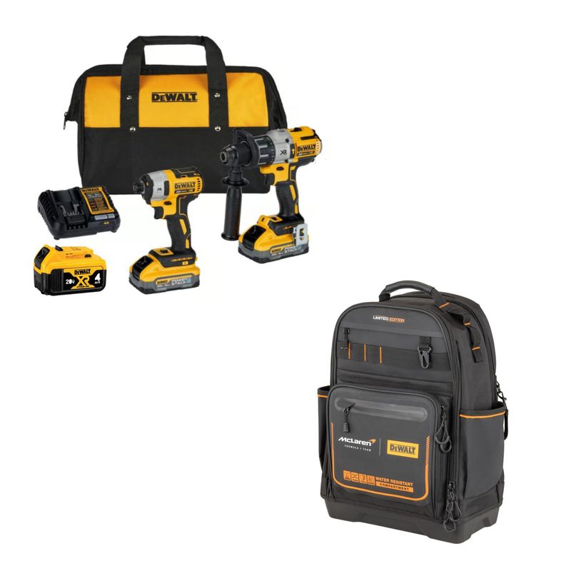 DEWALT - 01 Taladro Percutor Inalámbrico  Dewalt 1/2" 3V DCD996 + 01 Atornillador de Impacto Dewalt DCF887 + 02 Baterías 5Ah + 01 Batería 4.0AH 20V + 01 Cargador + 01 Bolso Lona DeWalt + Mochila Mclaren F1 Team Pro Dewalt