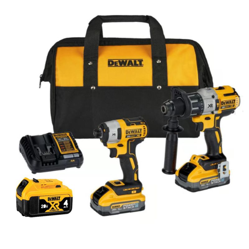 DEWALT - 01 Taladro Percutor Inalámbrico  Dewalt 1/2" 3V DCD996 + 01 Atornillador de Impacto Dewalt DCF887 + 02 Baterías 5Ah + 01 Batería 4.0AH 20V + 01 Cargador + 01 Bolso Lona DeWalt