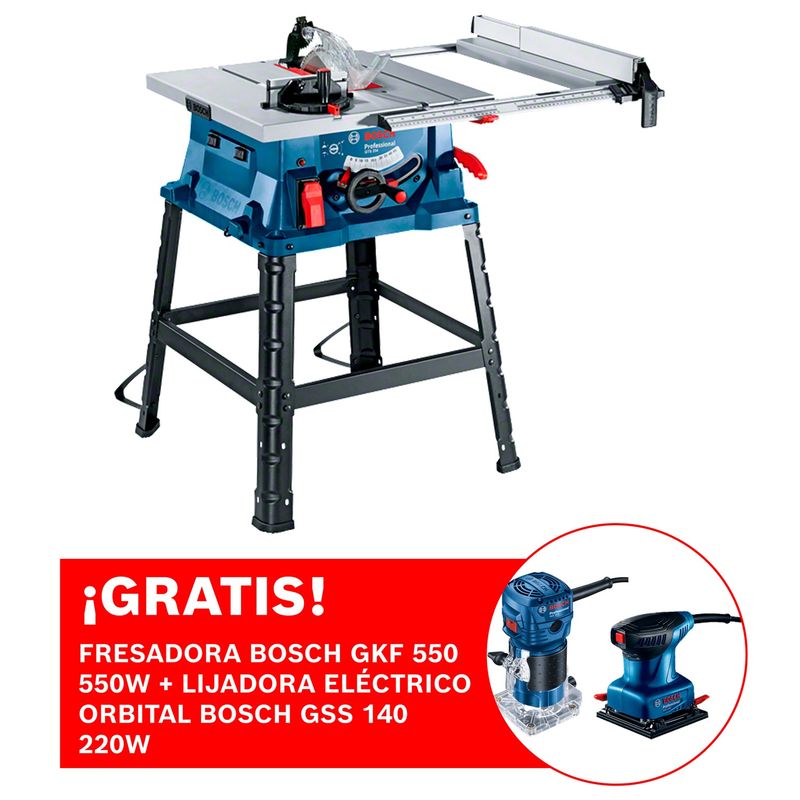 BOSCH - Sierra de Banco Bosch GTS 254 1800W ¡REGALO!  Fresadora Bosch GKF 550 550W + Lijadora Eléctrico Orbital Bosch GSS 140 220W