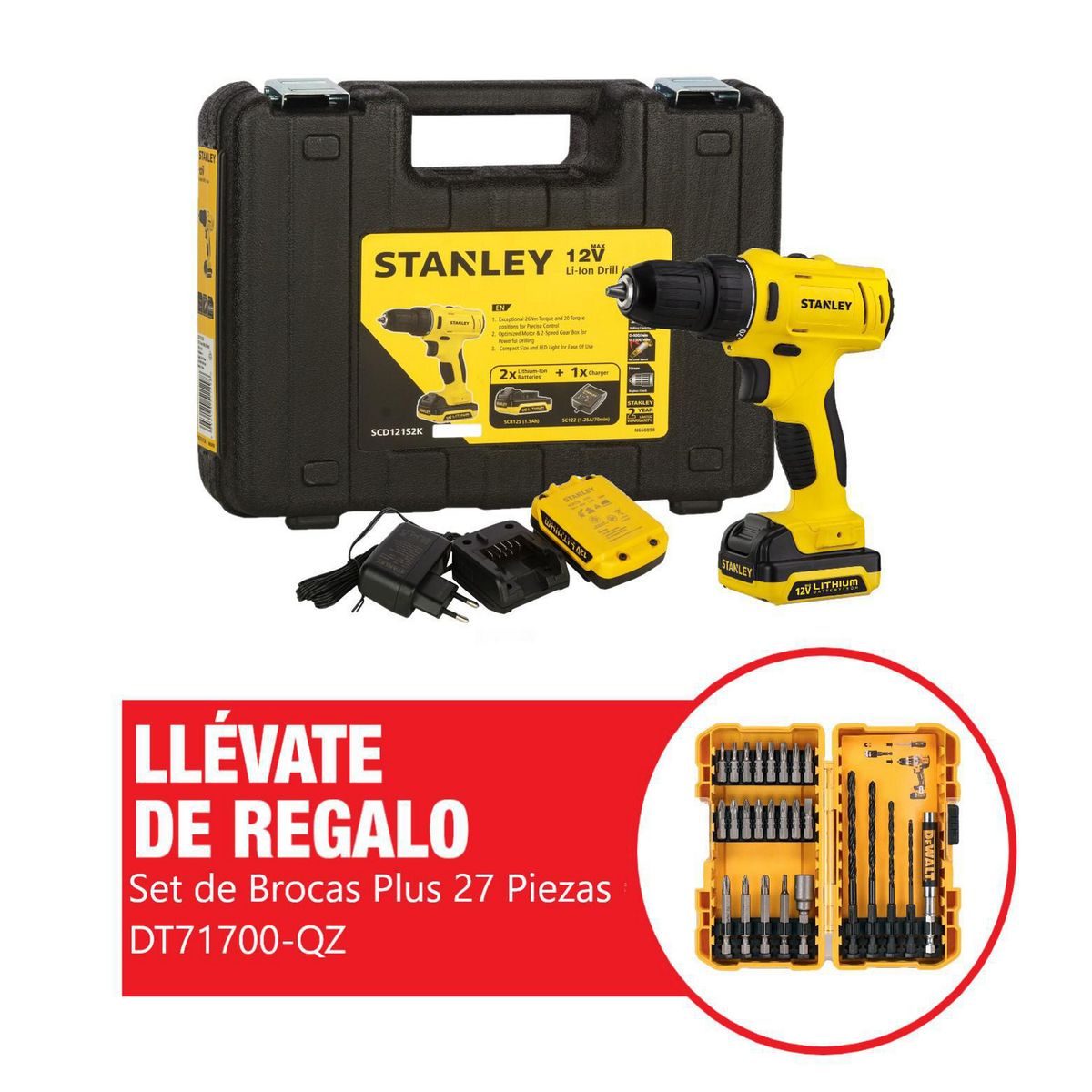 STANLEY - Taladro Atornillador Inalámbrico 3/8" 12V SCD12S2K Stanley + Regalo: Set Acc 27pz Dewalt