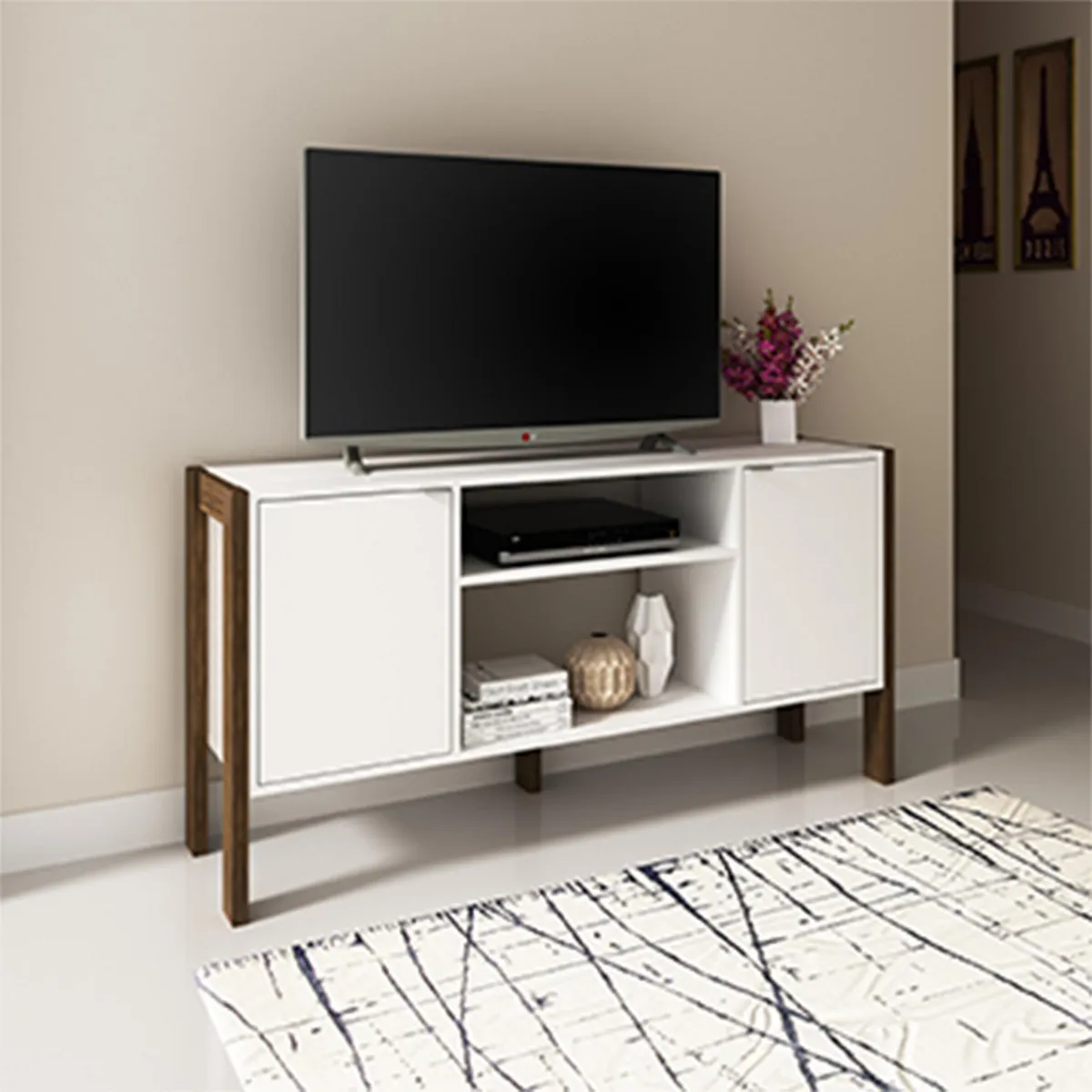 2020 HOME - Mesa de TV 55" Canadá Blanco/Nogal