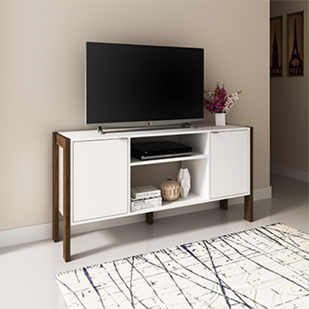 2020 HOME - Mesa de TV 55" Canadá Blanco/Nogal