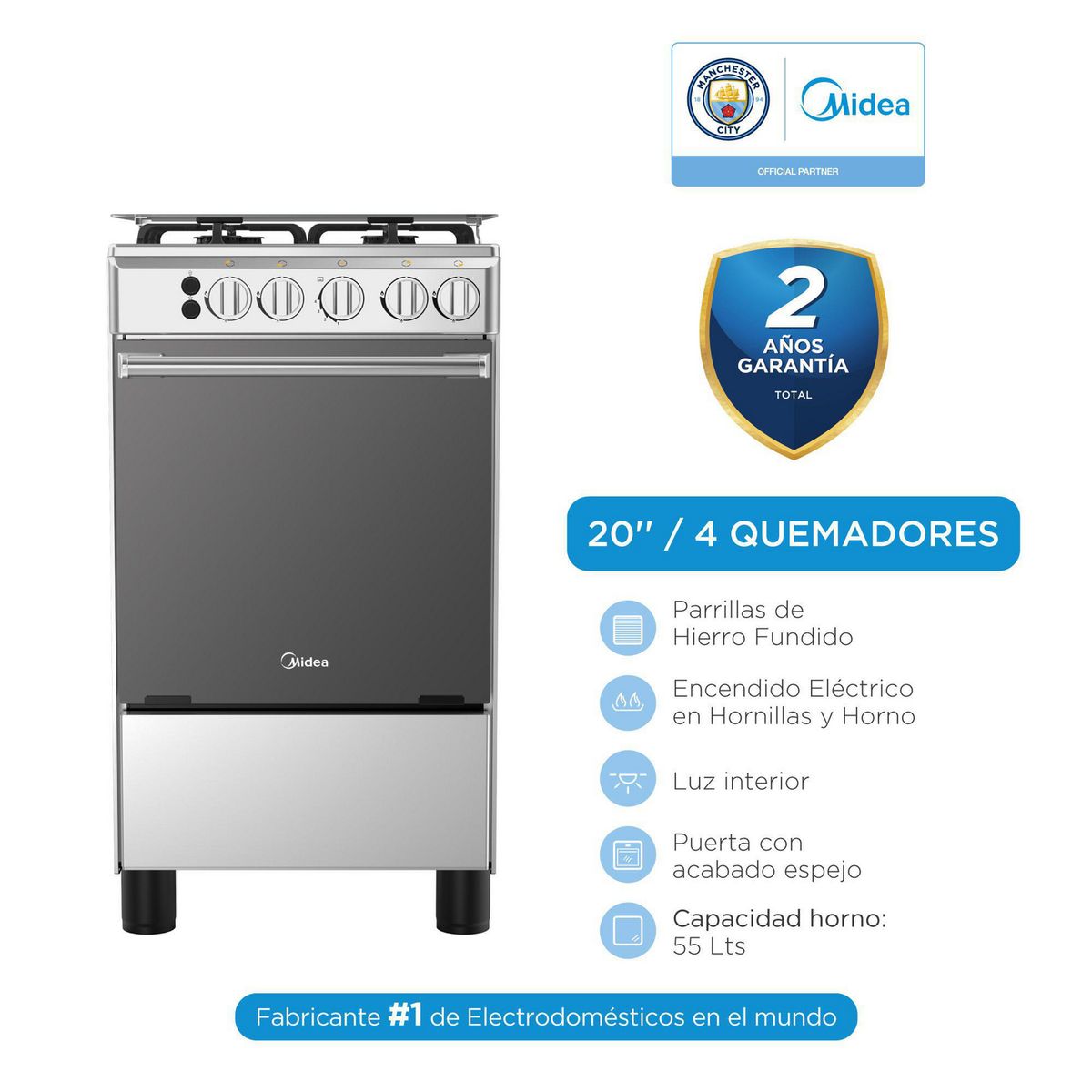 MIDEA - Cocina Midea a Gas 4 Hornillas MGS20F0LJAGG