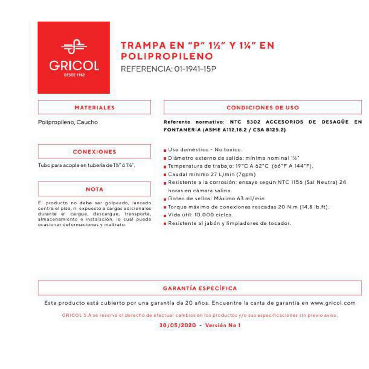 GRICOL - Trampa En P 1.1/2" Y 1.1/4" en Polipropileno