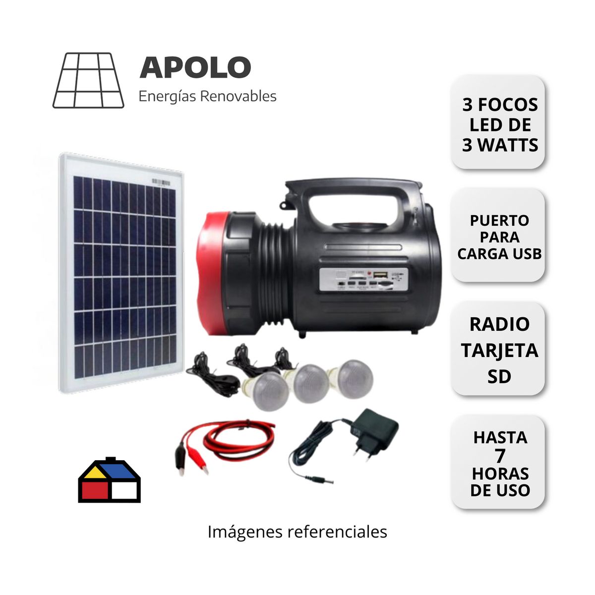 APOLLO - GENERADOR SOLAR PORTATIL 1908 APOLO BATERIA 4V/7Ah PANEL 7V 3.5 W 3 FOCOS DE 3 W LINTERNA CARGADOR Y RADIO