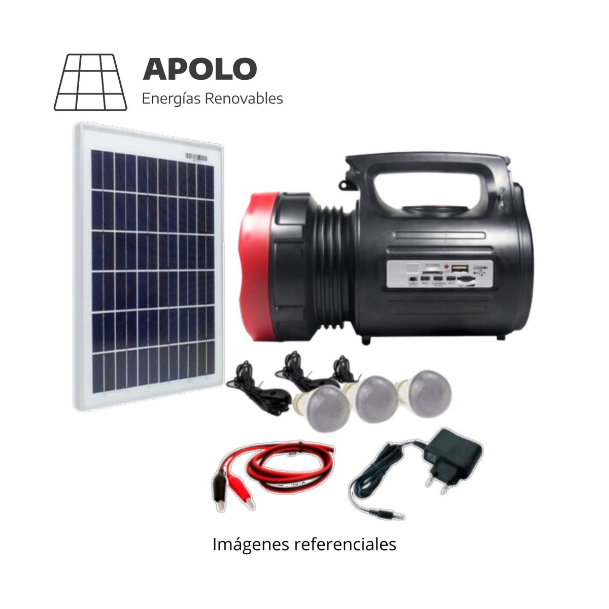 APOLLO - GENERADOR SOLAR PORTATIL 1908 APOLO BATERIA 4V/7Ah PANEL 7V 3.5 W 3 FOCOS DE 3 W LINTERNA CARGADOR Y RADIO