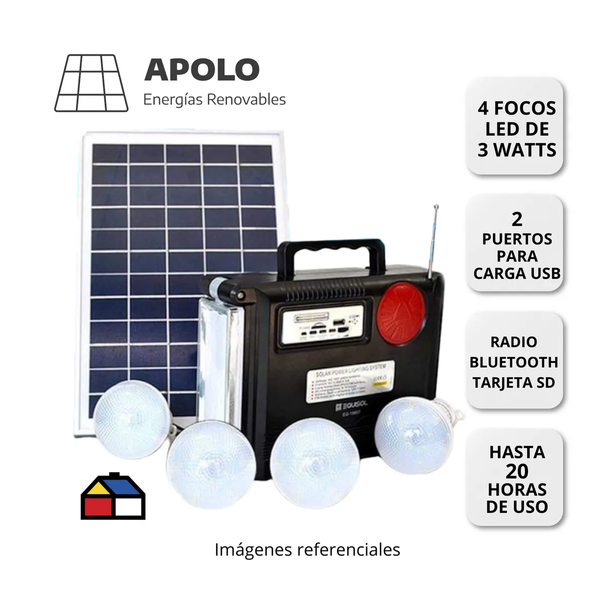 APOLLO - GENERADOR SOLAR PORTATIL 1980 APOLO BATERIA 12V/8Ah PANEL 715V 10 W 3 FOCOS DE 4 W LAMPARA CARGADOR Y RADIO