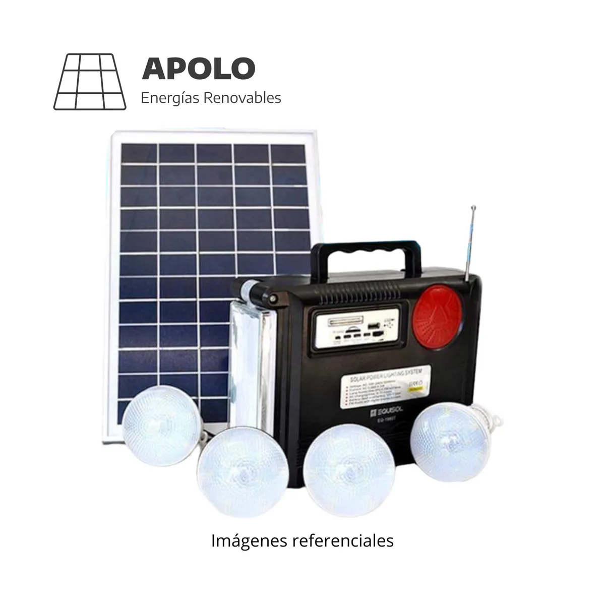 APOLLO - GENERADOR SOLAR PORTATIL 1980 APOLO BATERIA 12V/8Ah PANEL 715V 10 W 3 FOCOS DE 4 W LAMPARA CARGADOR Y RADIO
