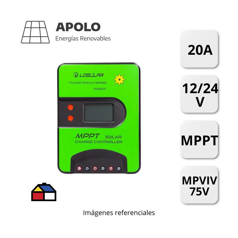 APOLLO - Controlador Ldsolar Apolo Mppt 2 C/Usb 12V/24V 20Ah ? 75V