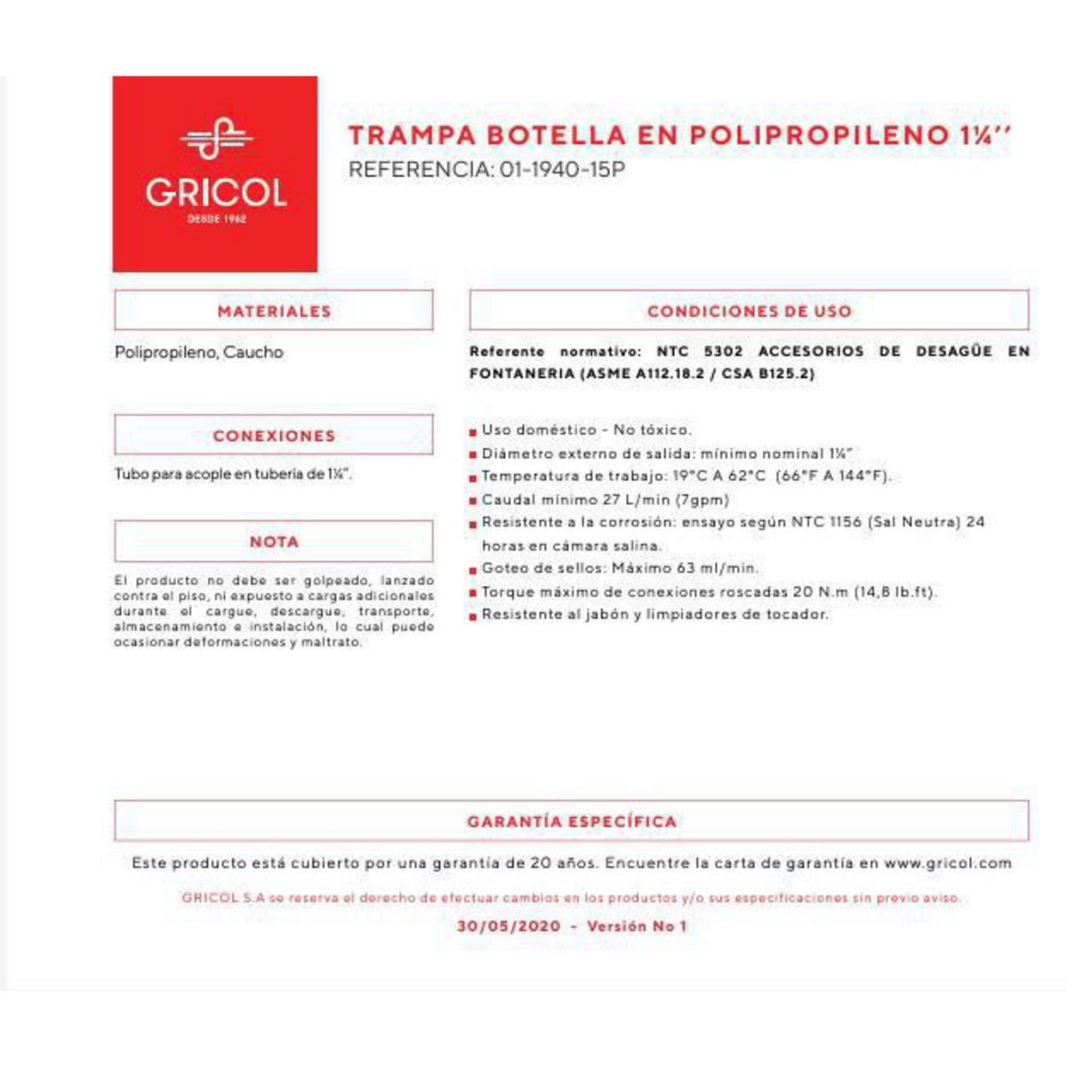 GRICOL - Trampa Botella  En Polipropileno 1.1/4"