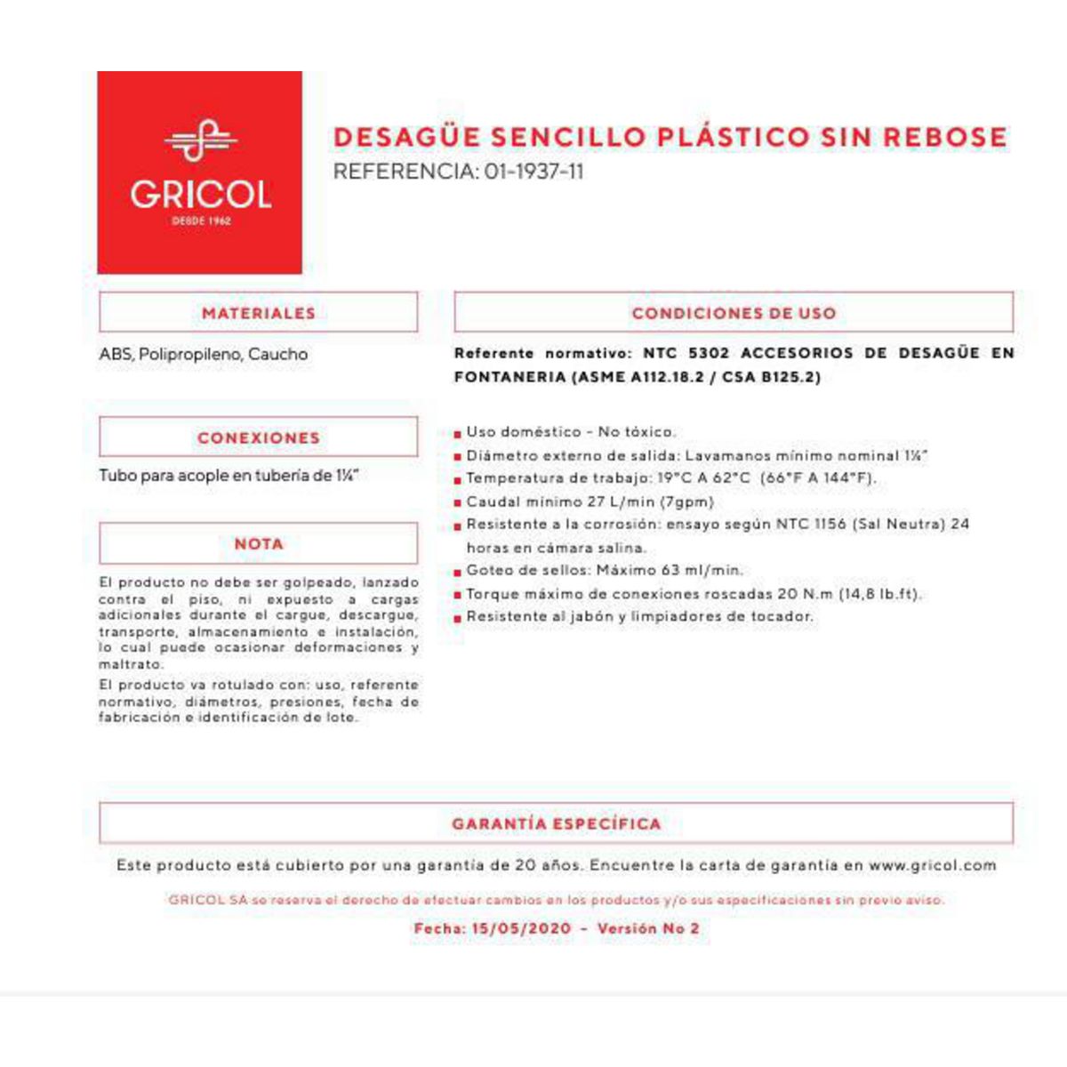 GRICOL - Desague Sencillo 1.1/4" sin Rebose Blanco Cromo
