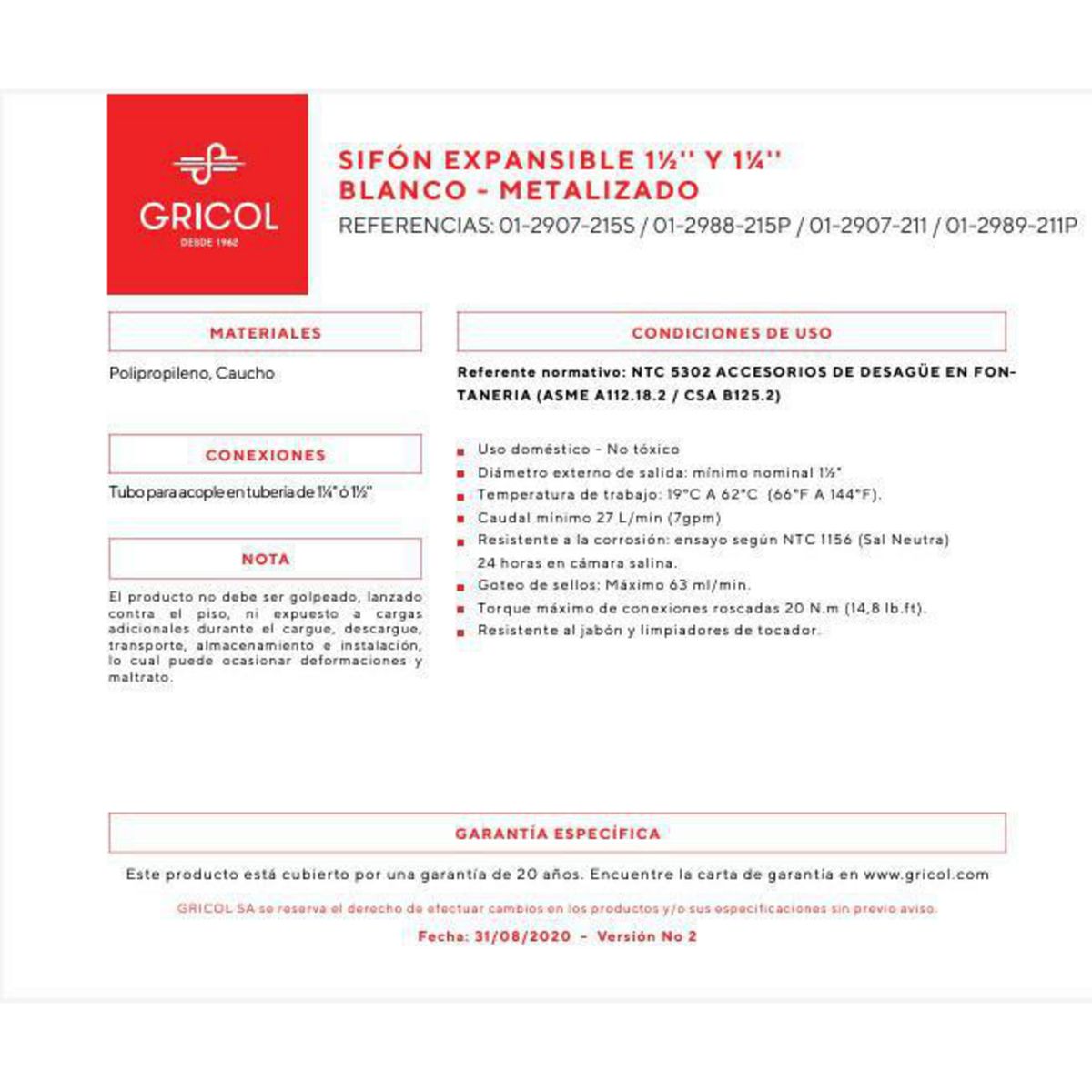 GRICOL - Sifon Exansible 1.1/2 Y 1.1/4 Abs Blanco