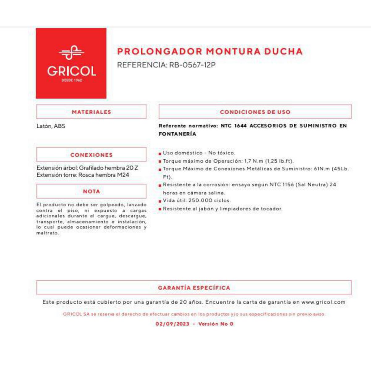 GRICOL - Prolongador Vastago Ducha