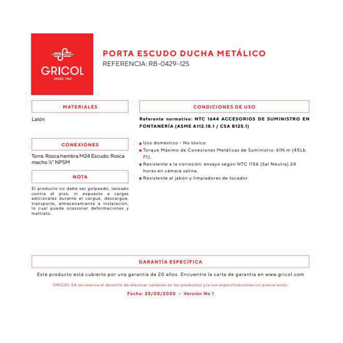 GRICOL - Porta Canopla Canopla Ducha Bronce