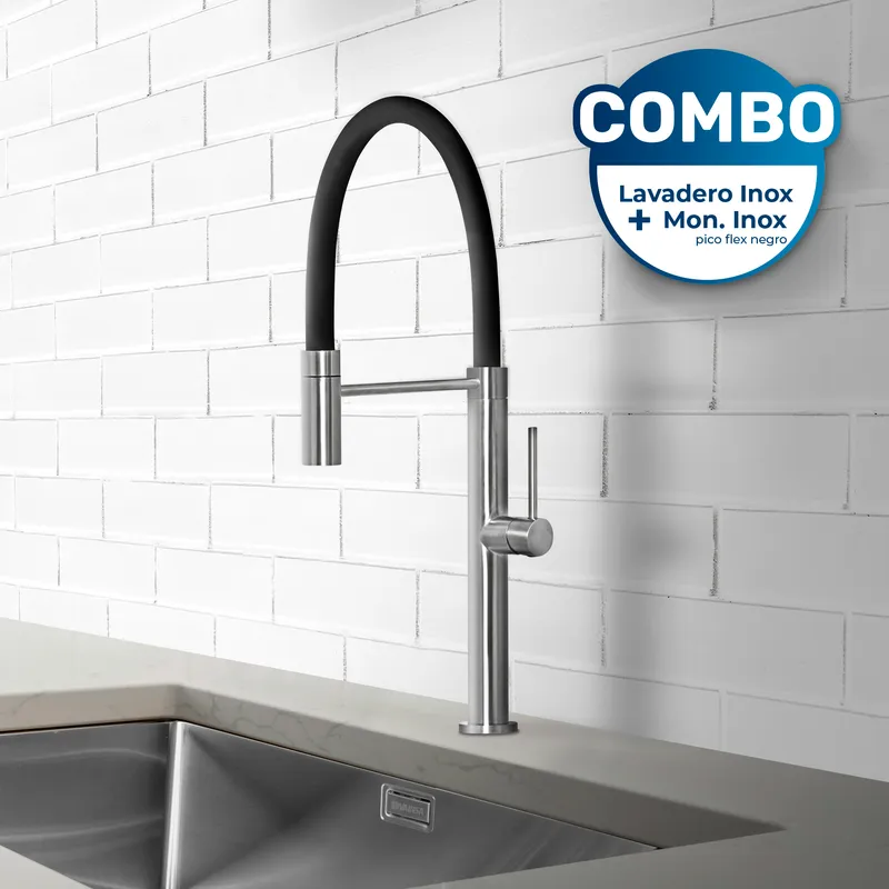 VAINSA - Lavadero 1 Poza Inoxidable c/desagüe Line + Monomando de Cocina Silver/Black
