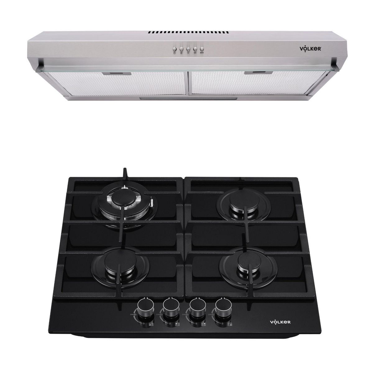 VOLKER - Combo Encimera a Gas 4 Hornillas CE60C5 Negro + Campana Extractora 60 cm CEX60A Blanco Volker