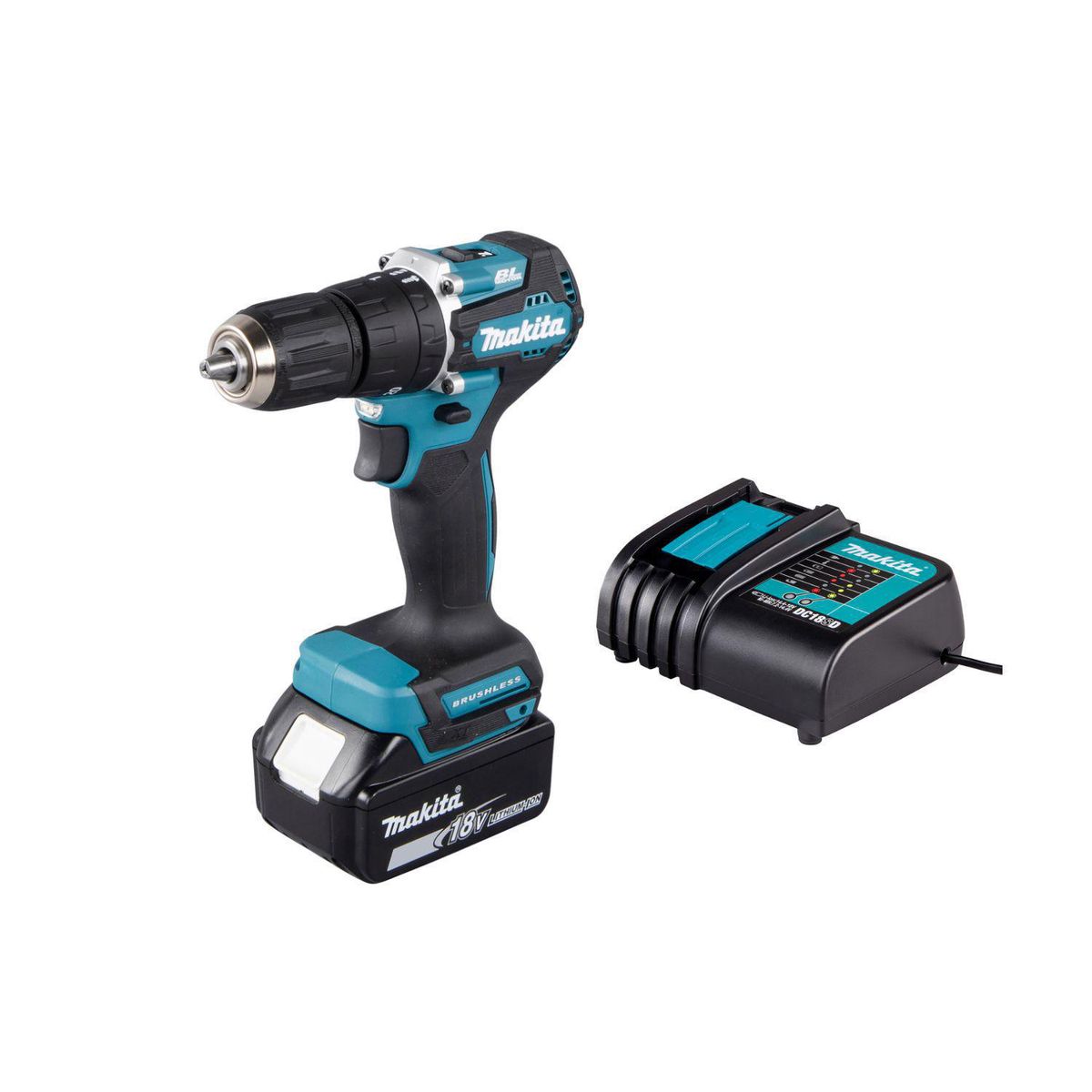 MAKITA - 1 Taladro Percutor Makita 1/2" 18V LXT BL 40Nm Baretool DHP487Z + 1 Batería 3.0 AH + 1 Cargador Makita