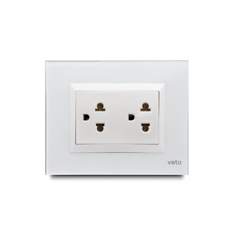VETO - TOMACORRIENTE DOBLE UNIVERSAL 2P+E PLACA VIDRIO BLANCO PLU62822