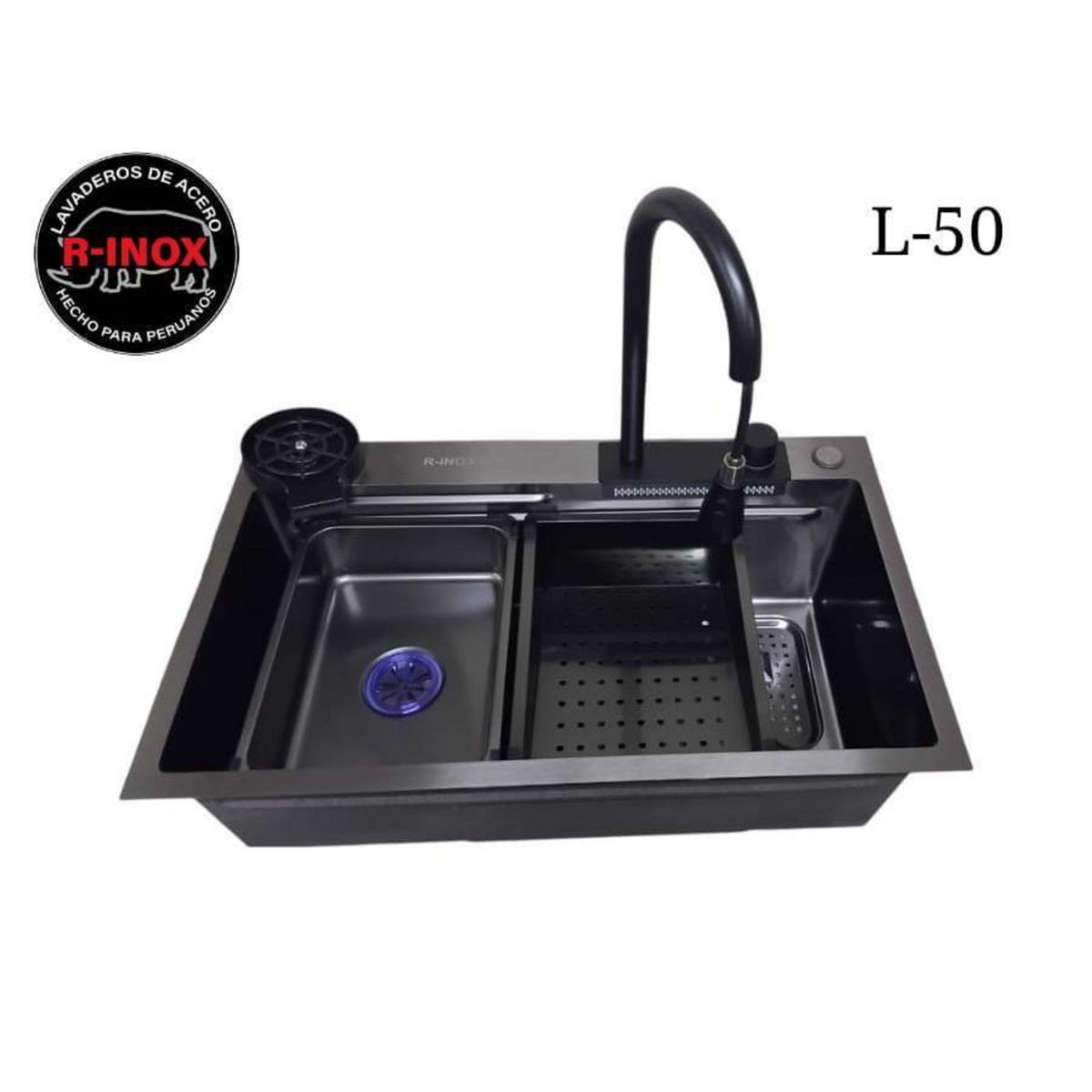 R INOX - Lavadero de Acero con grifería Negro