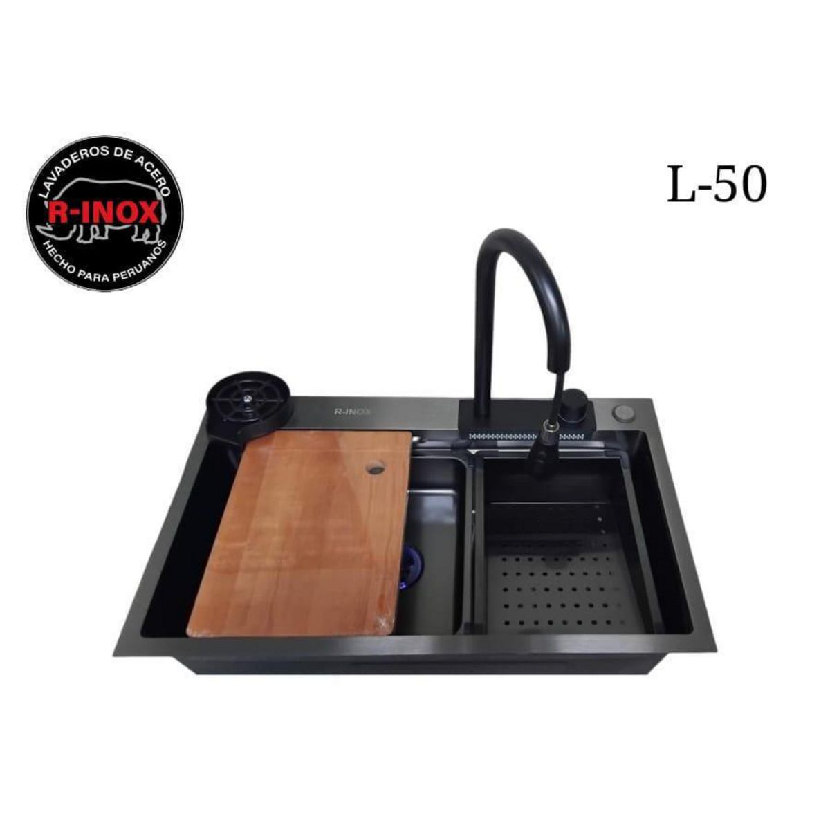 R INOX - Lavadero de Acero con grifería Negro