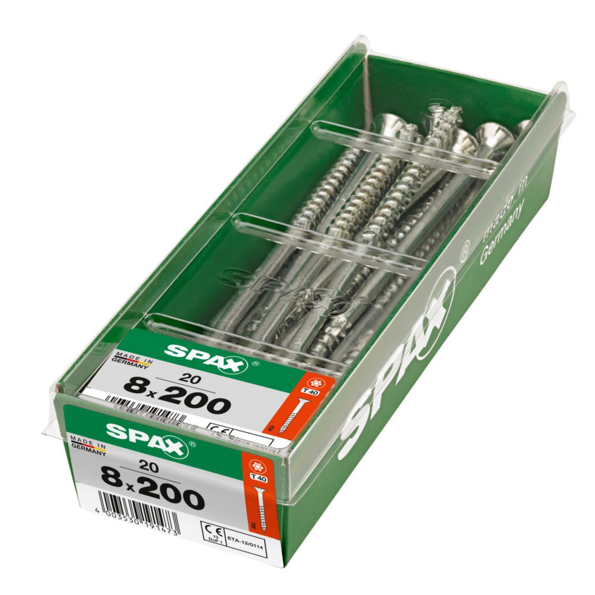 SPAX - Tirafón Torx Cabeza Plana Zincado Wirox 8x200 STK 20 pzs