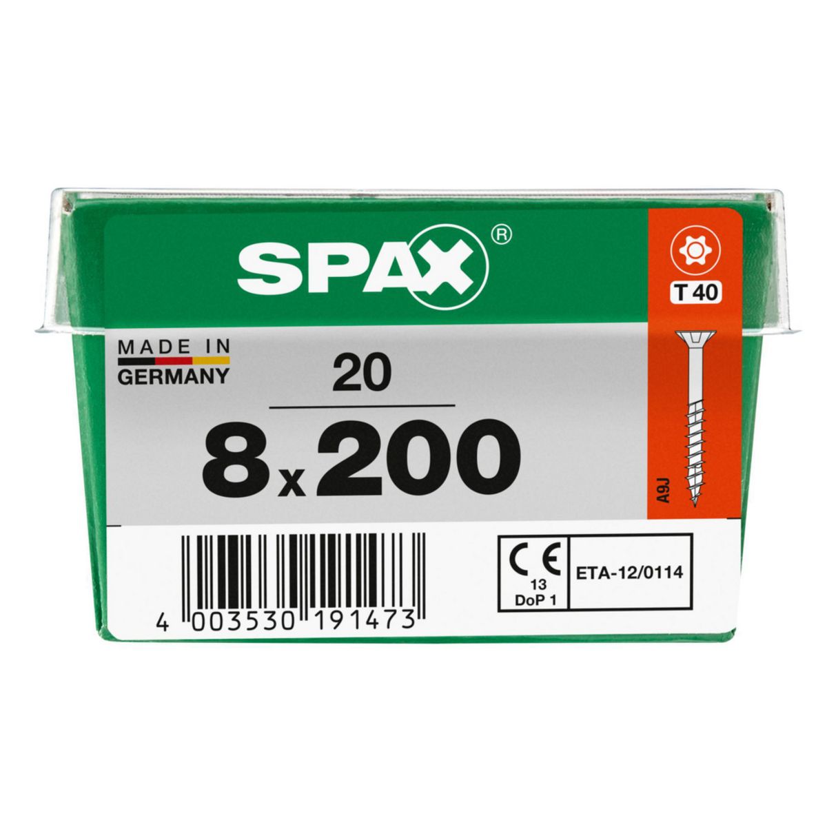SPAX - Tirafón Torx Cabeza Plana Zincado Wirox 8x200 STK 20 pzs