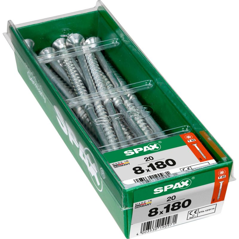 SPAX - Tirafón Torx Cabeza Plana Zincado Wirox 8x180 STK 20 pzs