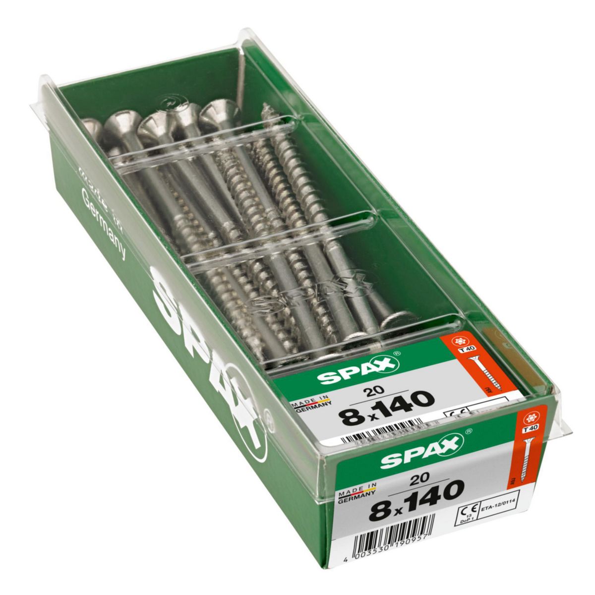 SPAX - Tirafón Torx Cabeza Plana Zincado Wirox 8x140 STK 20 pzs