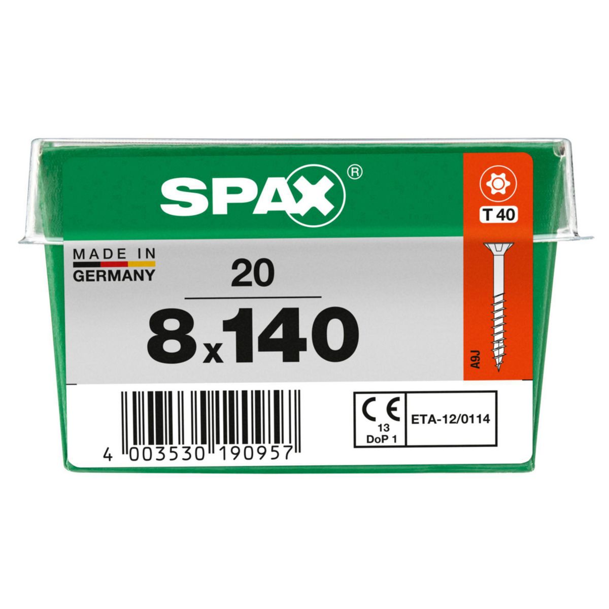 SPAX - Tirafón Torx Cabeza Plana Zincado Wirox 8x140 STK 20 pzs