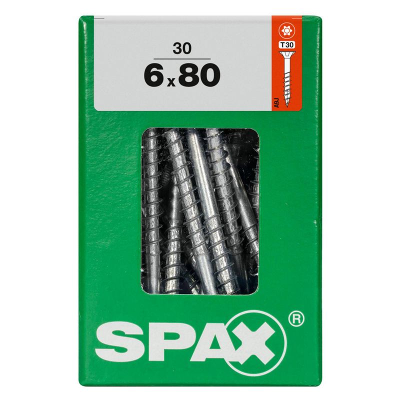SPAX - Tirafón Torx Cabeza Plana Zincado Wirox 6x80 L 30 pzs
