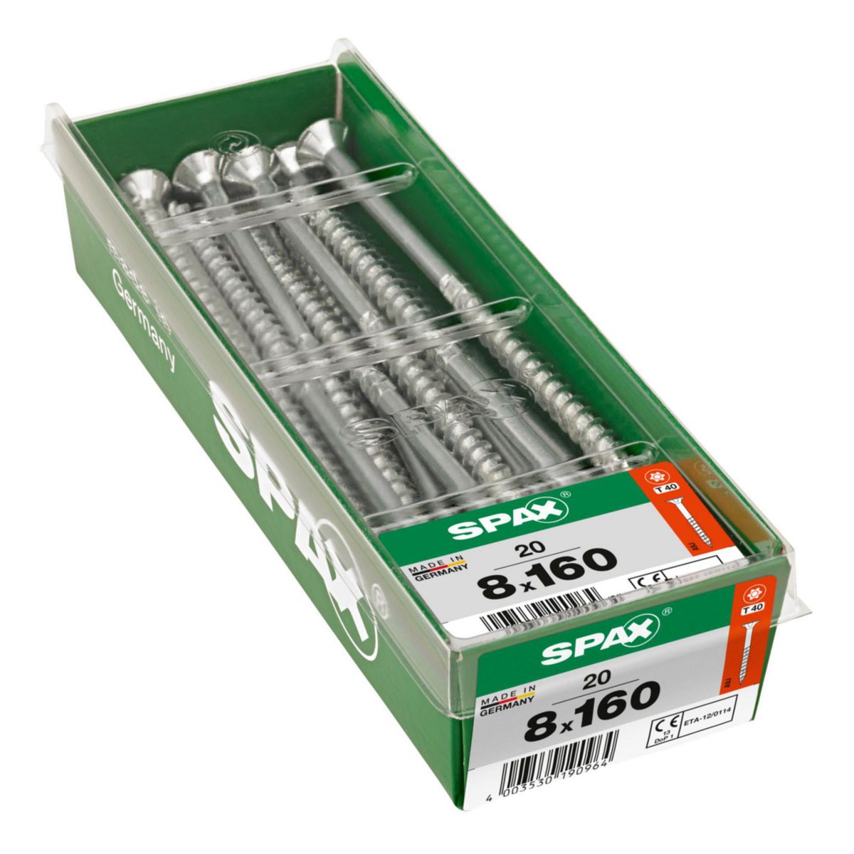 SPAX - Tirafón Torx Cabeza Plana Zincado Wirox 8x160 STK 20 pzs