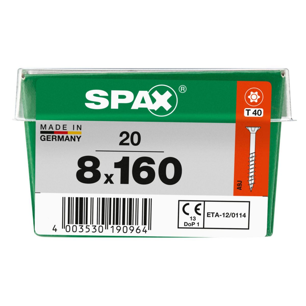 SPAX - Tirafón Torx Cabeza Plana Zincado Wirox 8x160 STK 20 pzs