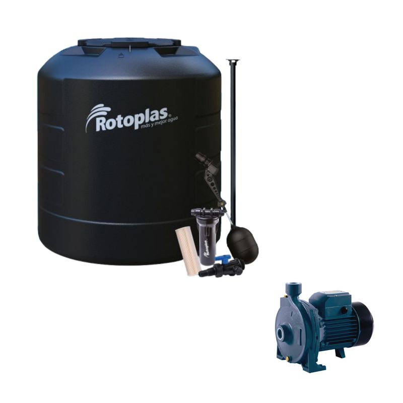  - Tanque Plus 1100L Negro Rotoplas + Accesorios + Bomba centrífuga de agua 1.0 HP 105L/min