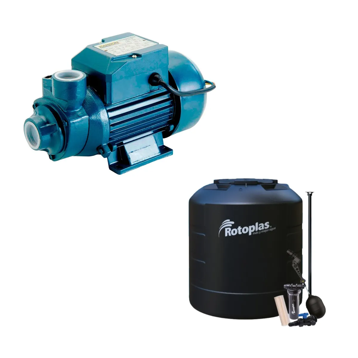  - Combo Tanque Plus 1100L Negro Rotoplas + Accesorios + Bomba Periférica de Agua 0.5 HP 30L/min