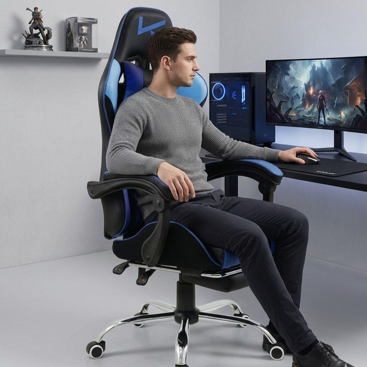 KUZLER - Silla Gamer Azul Masajeador Lumbar Reposapiés y Base Metalica RIK-101A