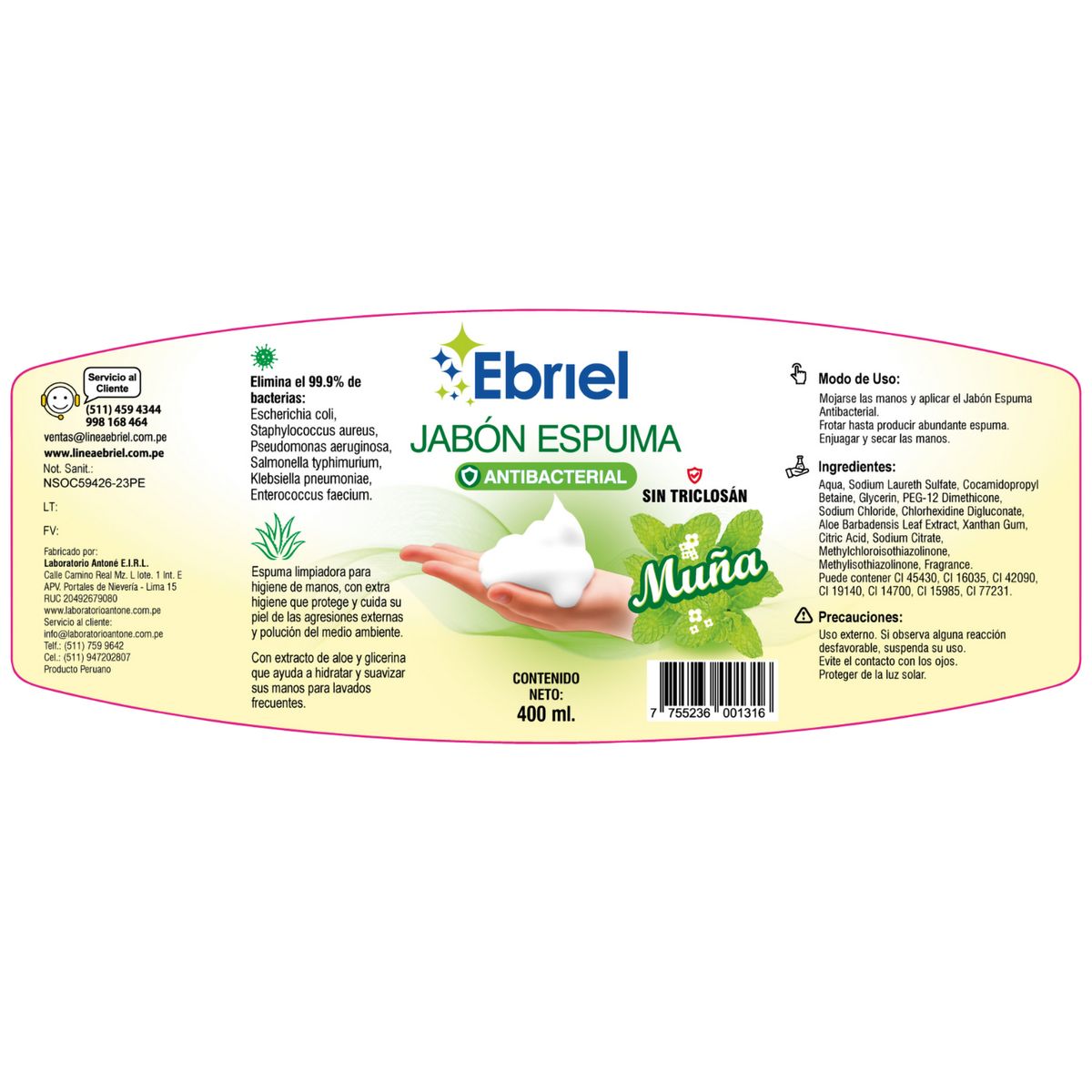 EBRIEL - Jabón Espuma Antibacterial Muña 400ml